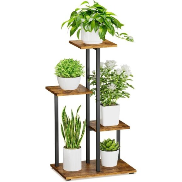 New 4 Tier Indoor Plant Stand, Tall Metal Wood Corner Shelf for Multiple Plants - Picture 1 of 7